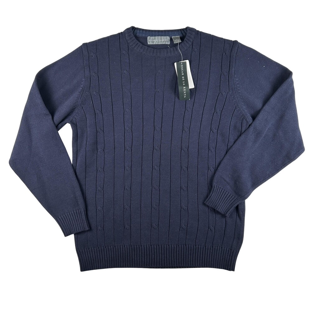 Oscar De La Renta Sweater Mens Large Navy Cable Knit Cotton Crewneck Pullover